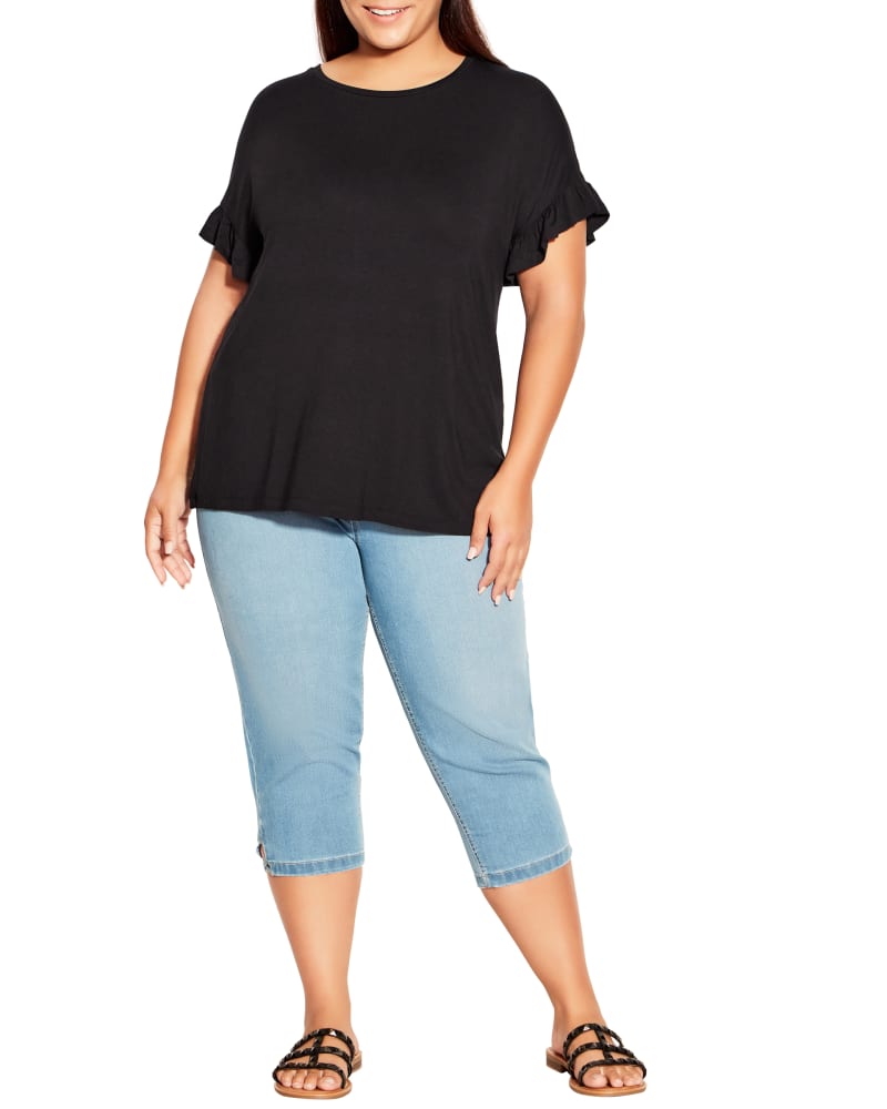 Front of a model wearing a size 16 TOP RIA FRILL in Black by avenue. | dia_product_style_image_id:295783